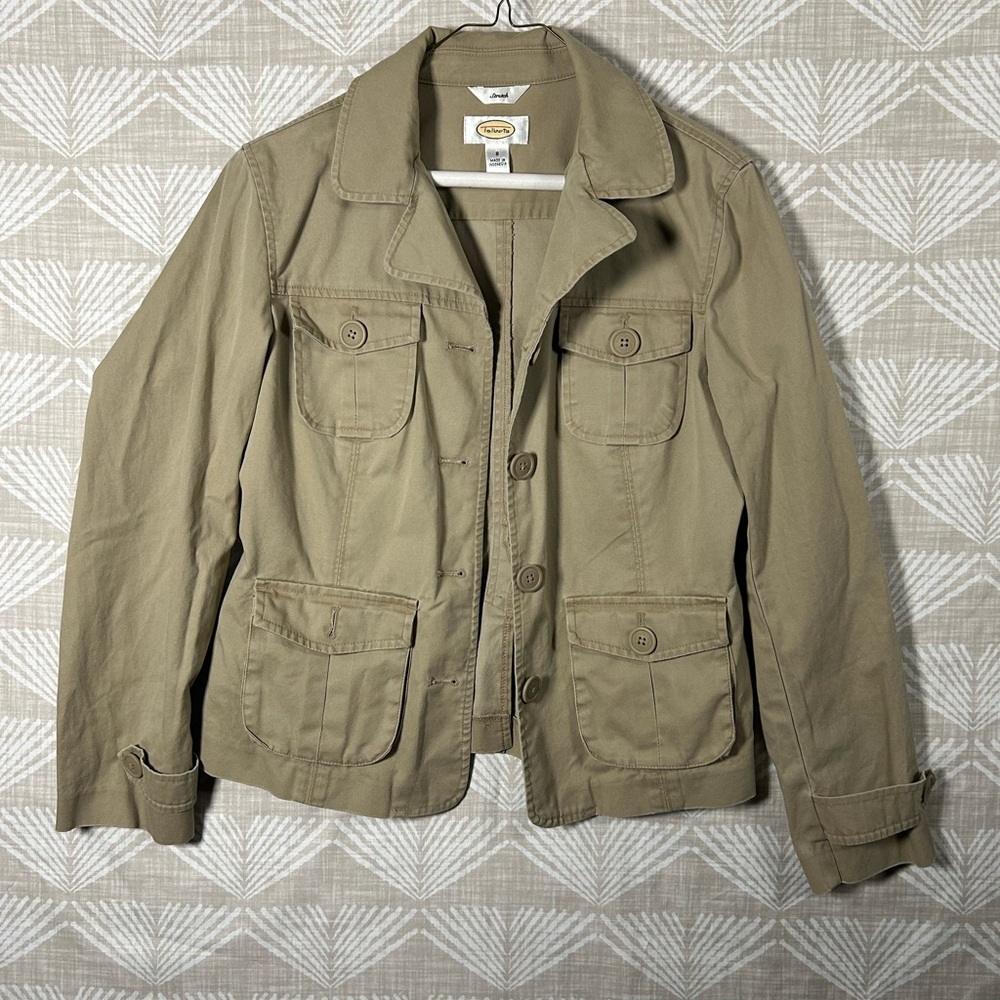 Talbots Jacket Womens 8 Beige Tan Camel Stretch Button Up Lightweight Cotton